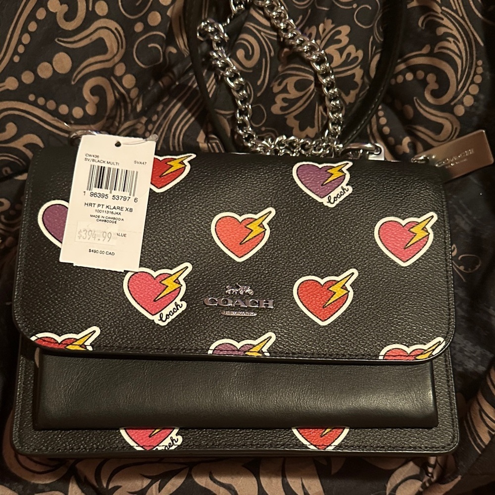 Coach Black Bag with Colorful Heart Design NWT.